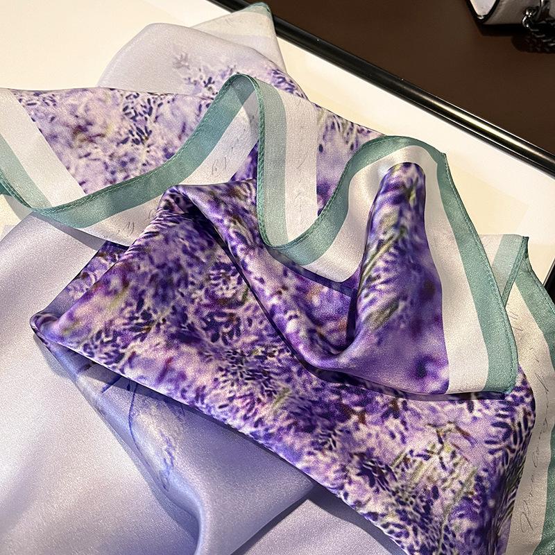 Lightweight Retro Pastoral Violet Floral Silk Scarf - Women's Spring/Summer Square Neck Scarf