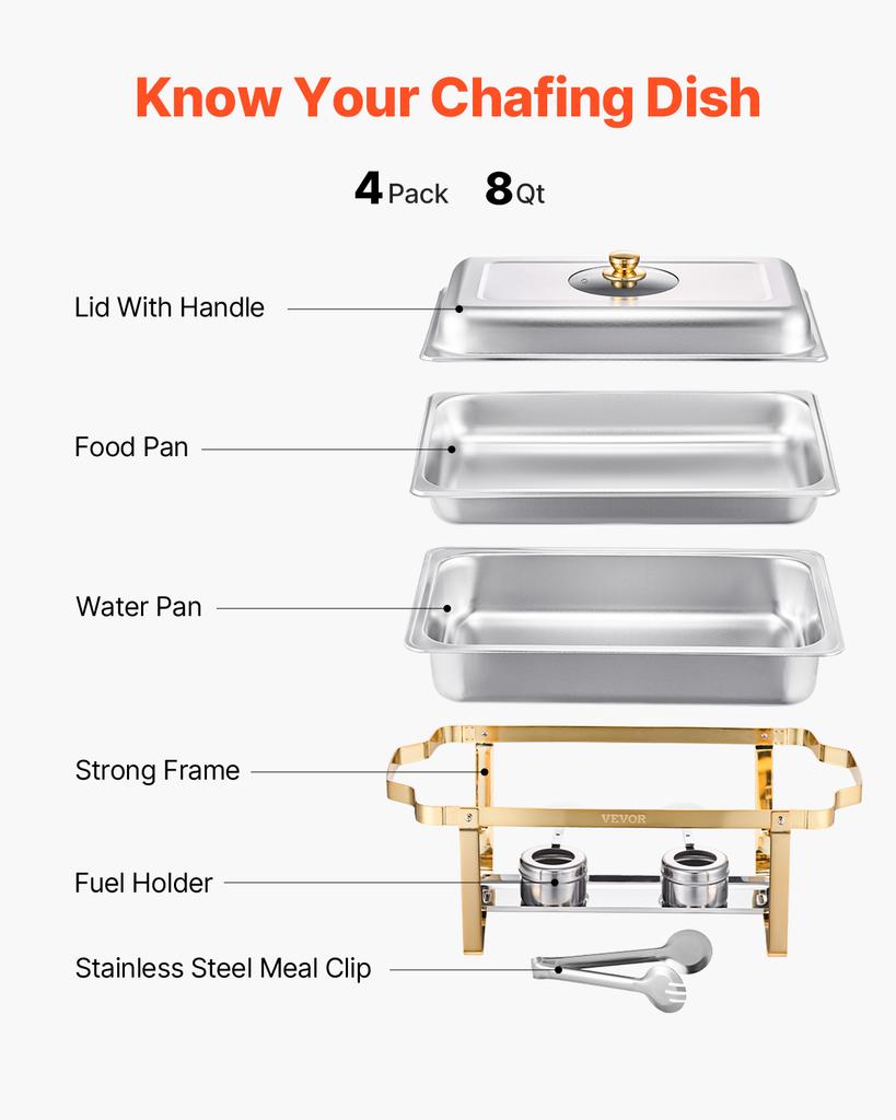 SucceBuy Chafing Dish Buffet Set 8 Qt Stainless Steel Chafer with Full Size Pans Rectangle Catering Warmer Server with Glass Lid