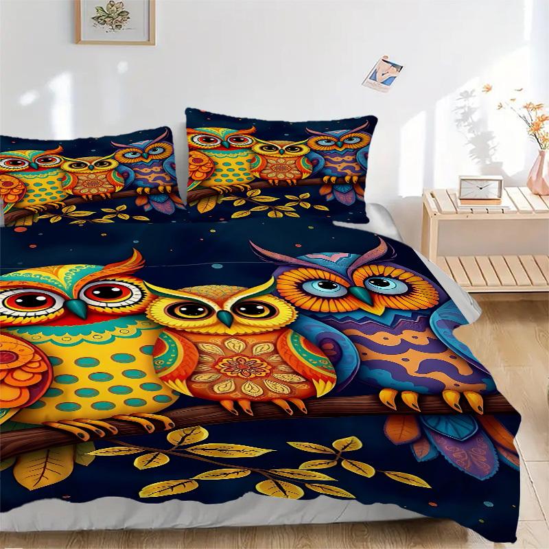 3pcs Colorful Owl Artwork Duvet Cover Set -Includes 1 Duvet Cover and 2 Pillowcases, No Quilt Core, All-Season Home Decor Yy251111195