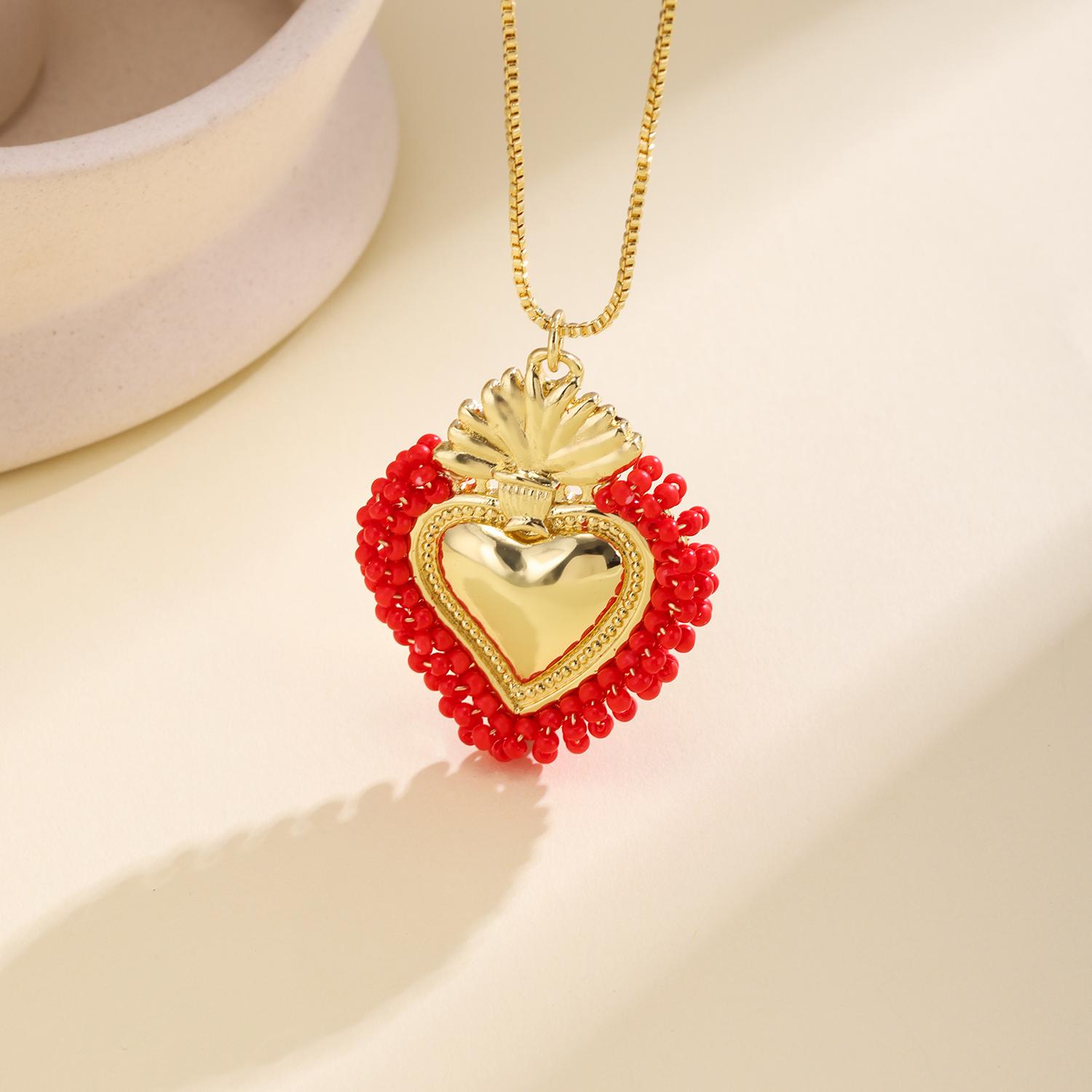 

Nidin Exquisite Handmade Beaded Sacred Heart Pendant Necklace Religious Style Jewelry Gift For Women Birthday Valentine s Day червоний