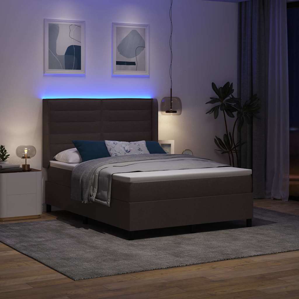 LED Boxspring Bed with Mattress Dark Brown 140 x 200 cm Fabric