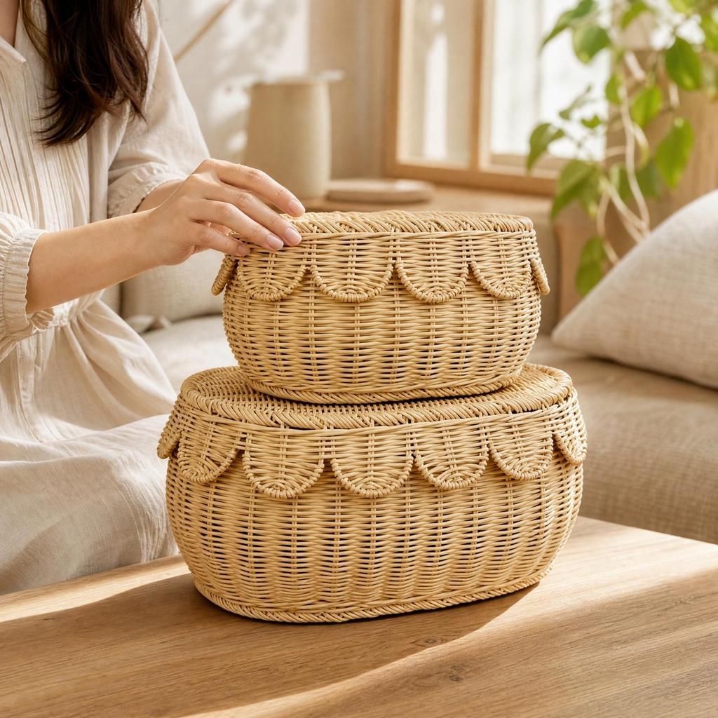Rattan Storage Basket with Woven Lid Textured Desktop Organizer for Household