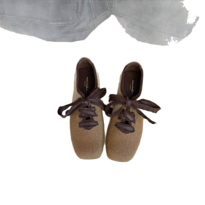 Retro Korean Version Fashion Square Head Single Shoes Women's Shoes Autumn 2025 New Versatile Lace-up Flat Casual Shoes