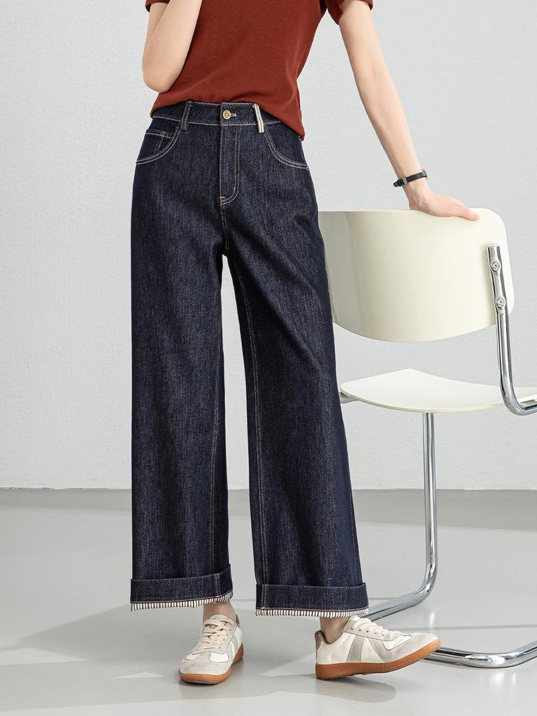 Petite High-Waisted Wide-Leg Crop Jeans for Women - Blue Denim, New Spring/Autumn Style