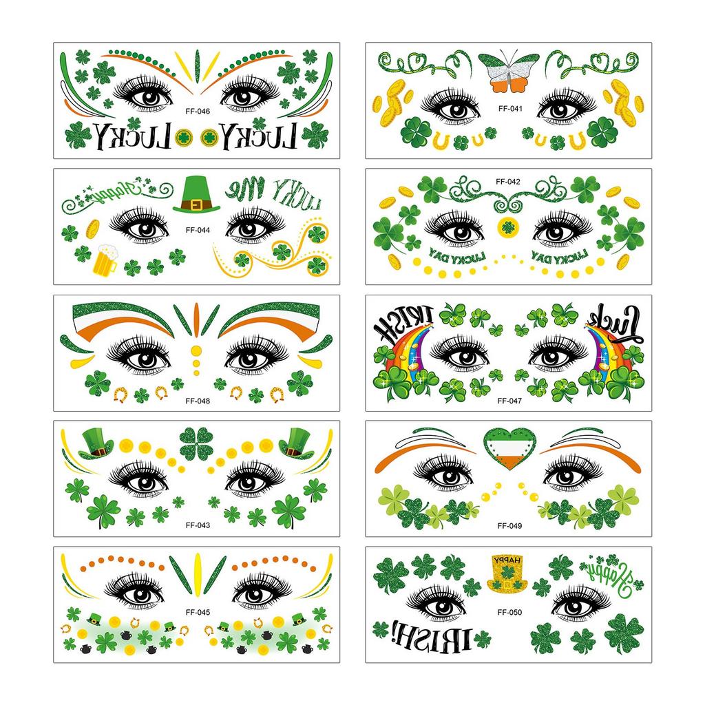 New St. Patrick's Day Three And Four Leaf Face Sticker Irish Painted Green Hat Waterproof  Sticker