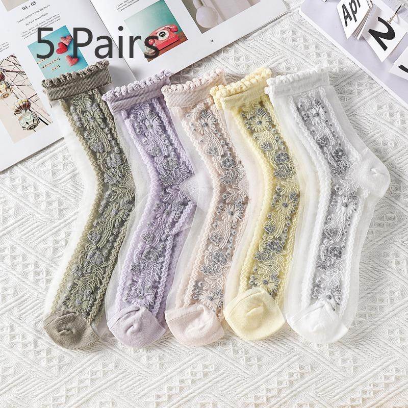 5 Pairs of Women's Summer Super Thin Polka Dot Cotton Sole Anti Hook Embroidered Clear Crystal Stockings