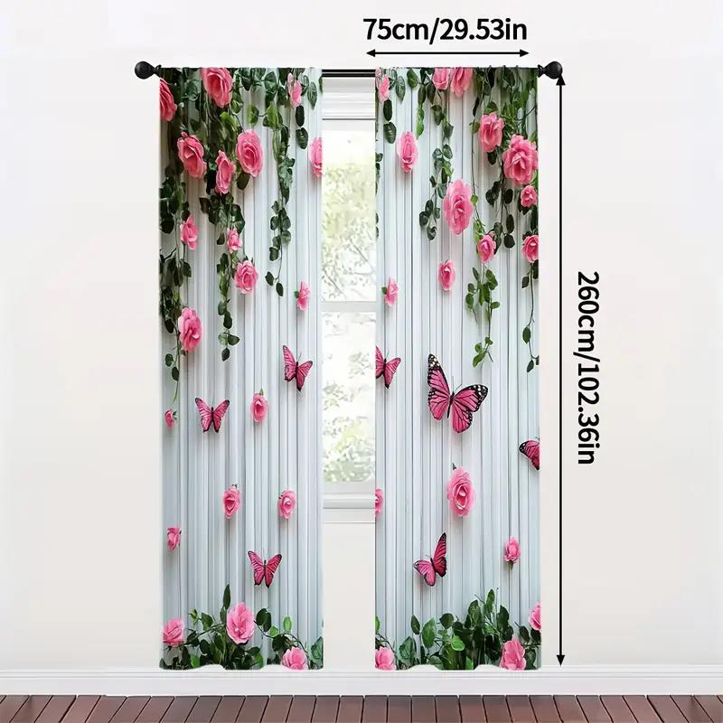 Elegant butterfly and pink rose - printed curtains, suitable for bedroom living room home decoration