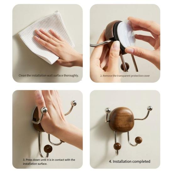 Rustikaler Saugnapfhaken 4 Haken Wandmontierter Organizer Kleiderbügel Holz-Kleiderbügel mit Edelstahlhaken für Eingangsbereich Schlafzimmer zu Hause