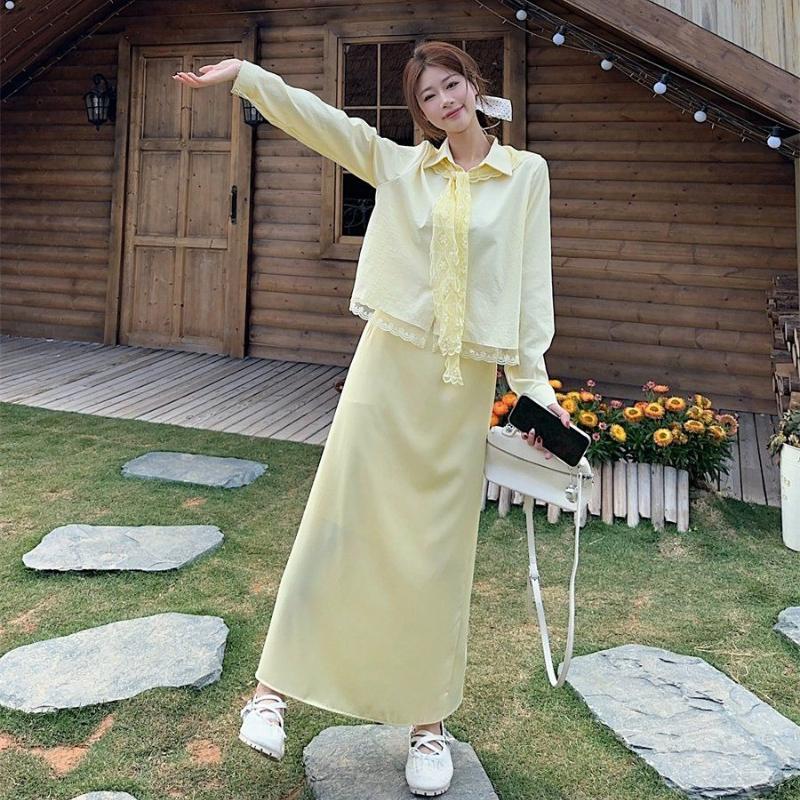 Woman Yellow Lace Shawl Shirts French Style Loose Lapel Long Sleeved Blouses Autumn Fashion Women's Single Breasted Top