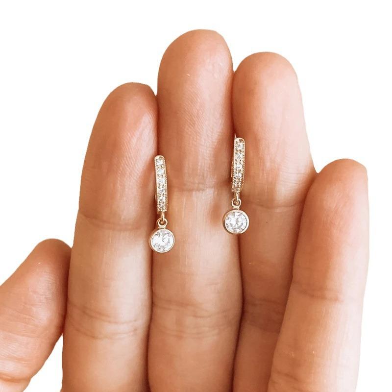 Gold Plated CZ Huggie Drop Earrings, Dainty Bezel-Set Crystal Dangle Earrings for Women