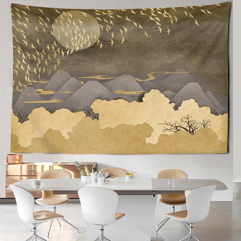 Line ink mountain view tapestry bohemian style background cloth beautiful home decoration room dormitory bedside hanging cloth