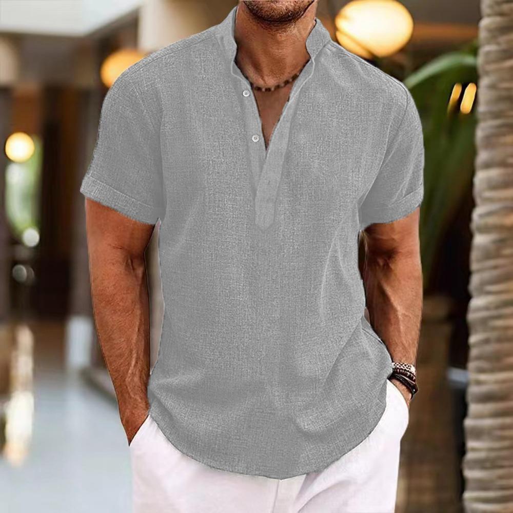 Men's Short Sleeved Stand Up Collar Top Pullover Cardigan