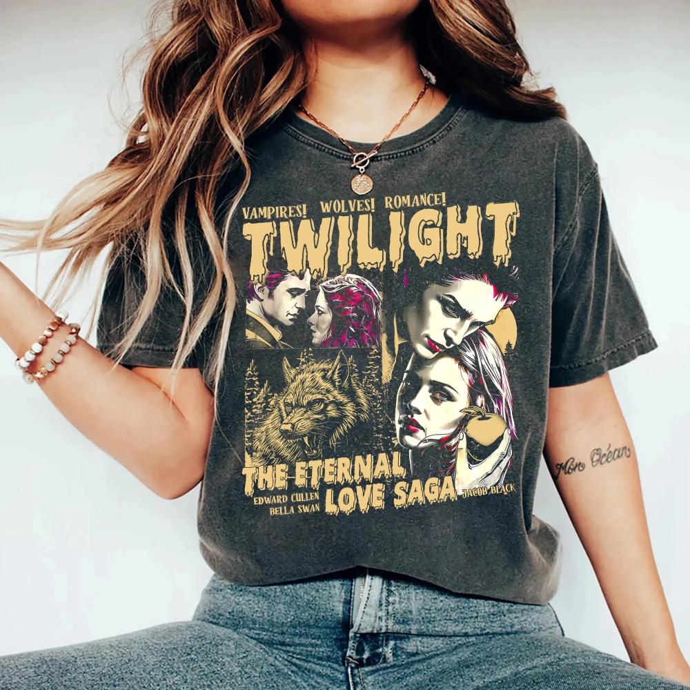 Рубашка Сумерки Футболка для фаната Саги Сумерки Комиксная рубашка с вампиром Любитель книг Подарок Сумерки Рубашка Эдварда Беллы Каллен Романтическая футболка с волками 4XL