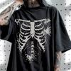 Grunge Gothic Rippenkorb Skelett Print T-Shirt Unisex Weiche Baumwolle Kurzarm Oversized Locker Dunkel Punk Alternative Streetwear T-Shirts