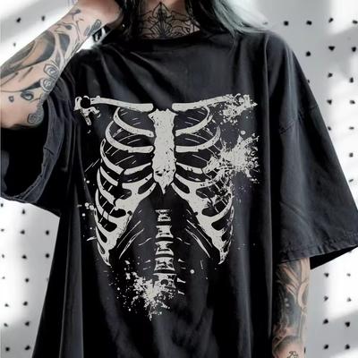 Camiseta con Estampado de Esqueleto y Caja Torácica Estilo Grunge Gótico Unisex Algodón Suave Manga Corta Oversize Holgada Oscura Punk Alternativa Street Tees