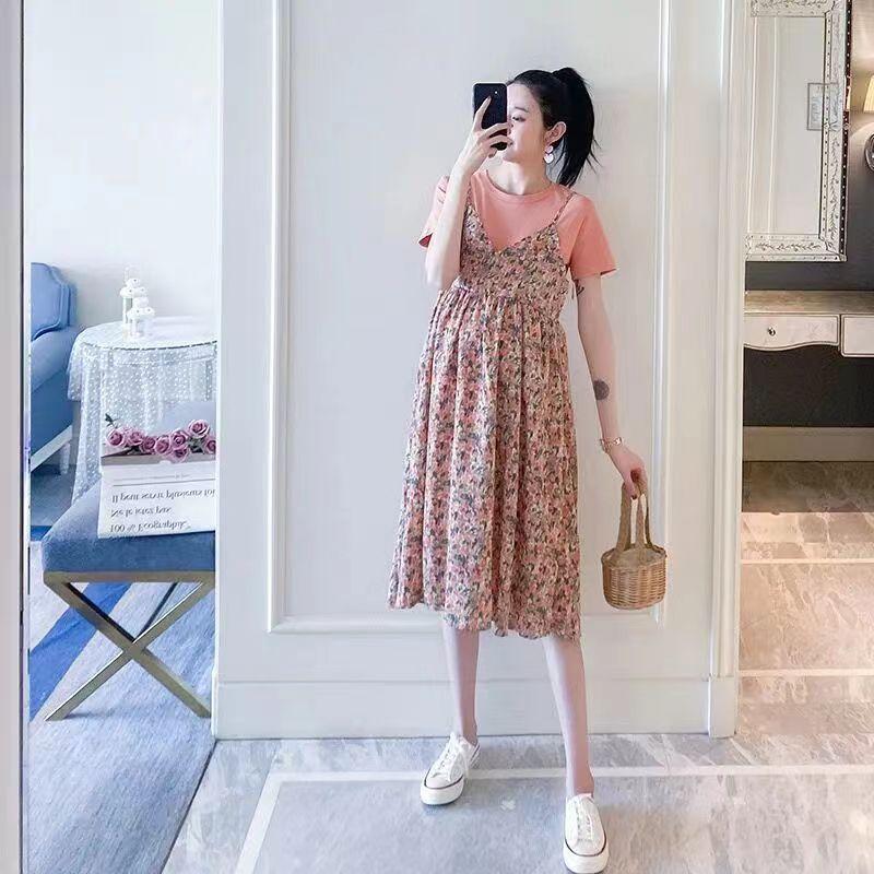 Splicing Print Dress Fake Two-piece Chiffon Summer Short-sleeved Medium and Long Dress Maternity Dress