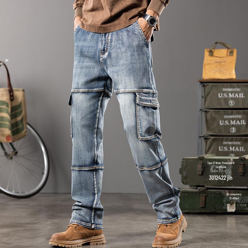 Men's Plus Size Wide Leg Multi-Pocket Workwear Denim Pants