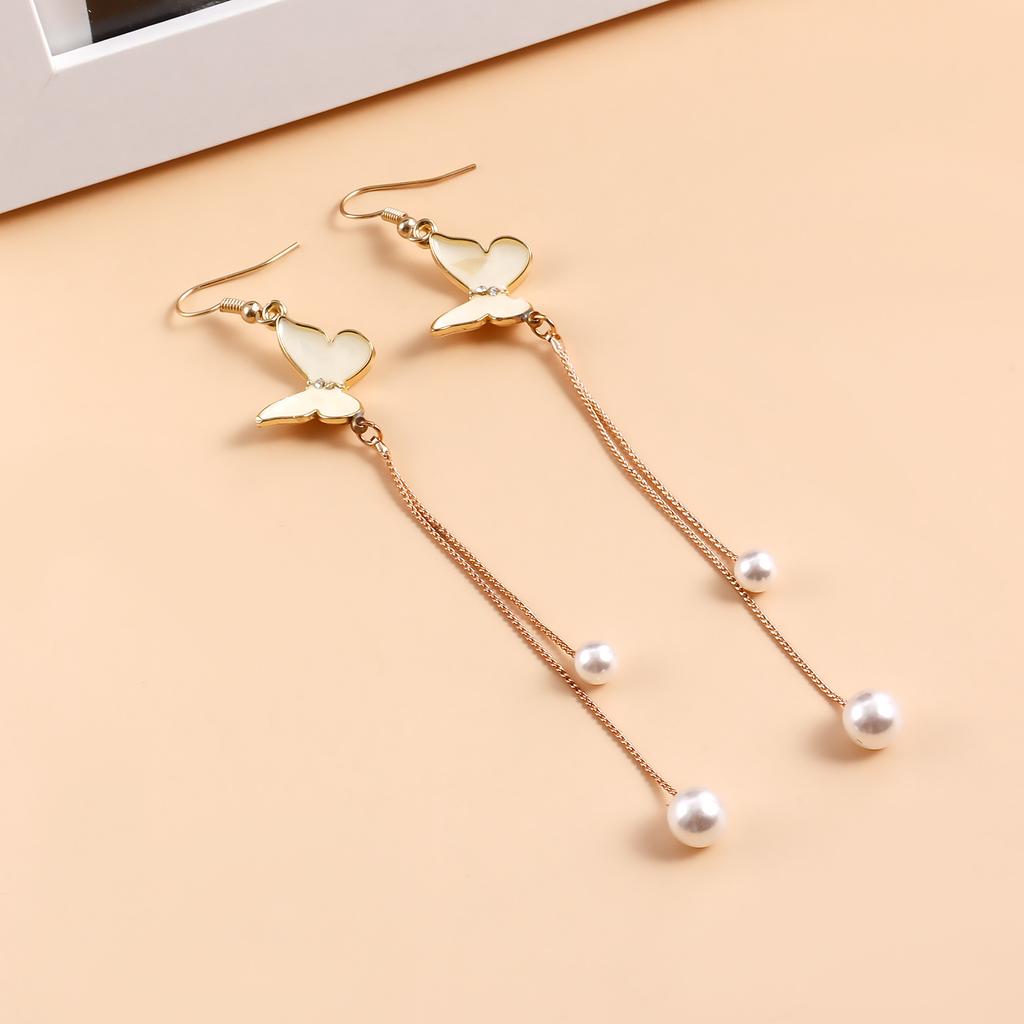 Retro Tassel Imitation Pearl Butterfly Ear Hanging Earrings, Simple Temperament Long Versatile Earrings