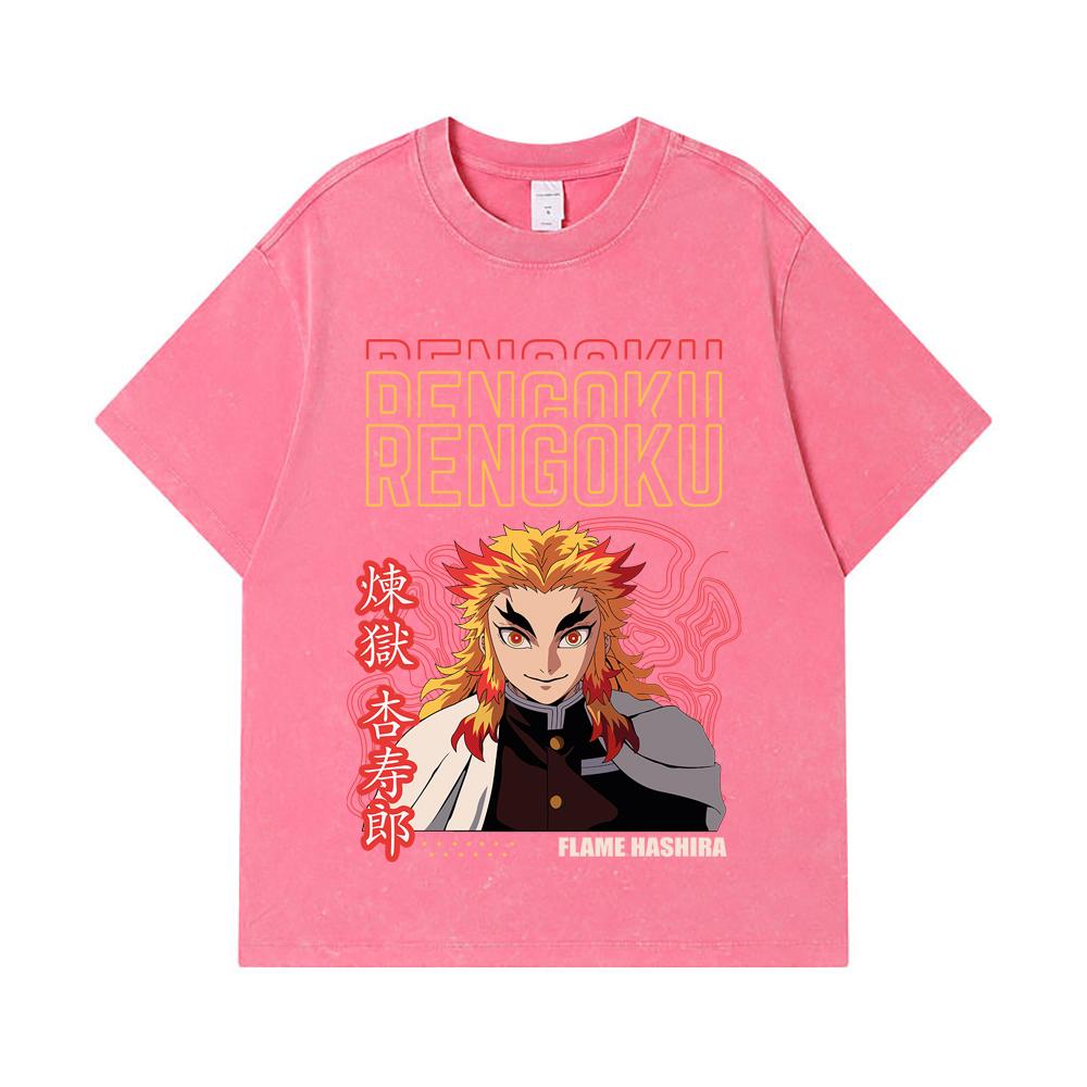 275 GSM Washed T-shirts 100% Cotton Demon Slayer V117 Rengoku Print Unisex Heavy Cotton T Shirt