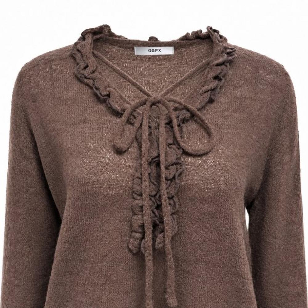 Ggpx New York Frill V Neck Ribbon Silhouette Knit Gq9kp015f