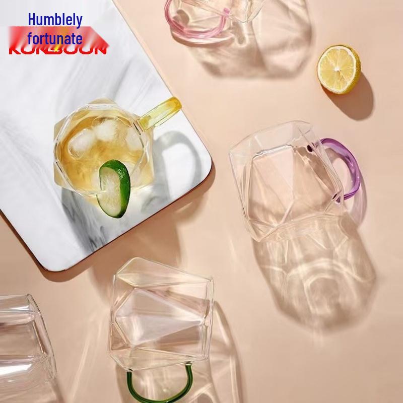 Qianxing Hexagonal Diamond Glass Tumbler Set with Colored Handles