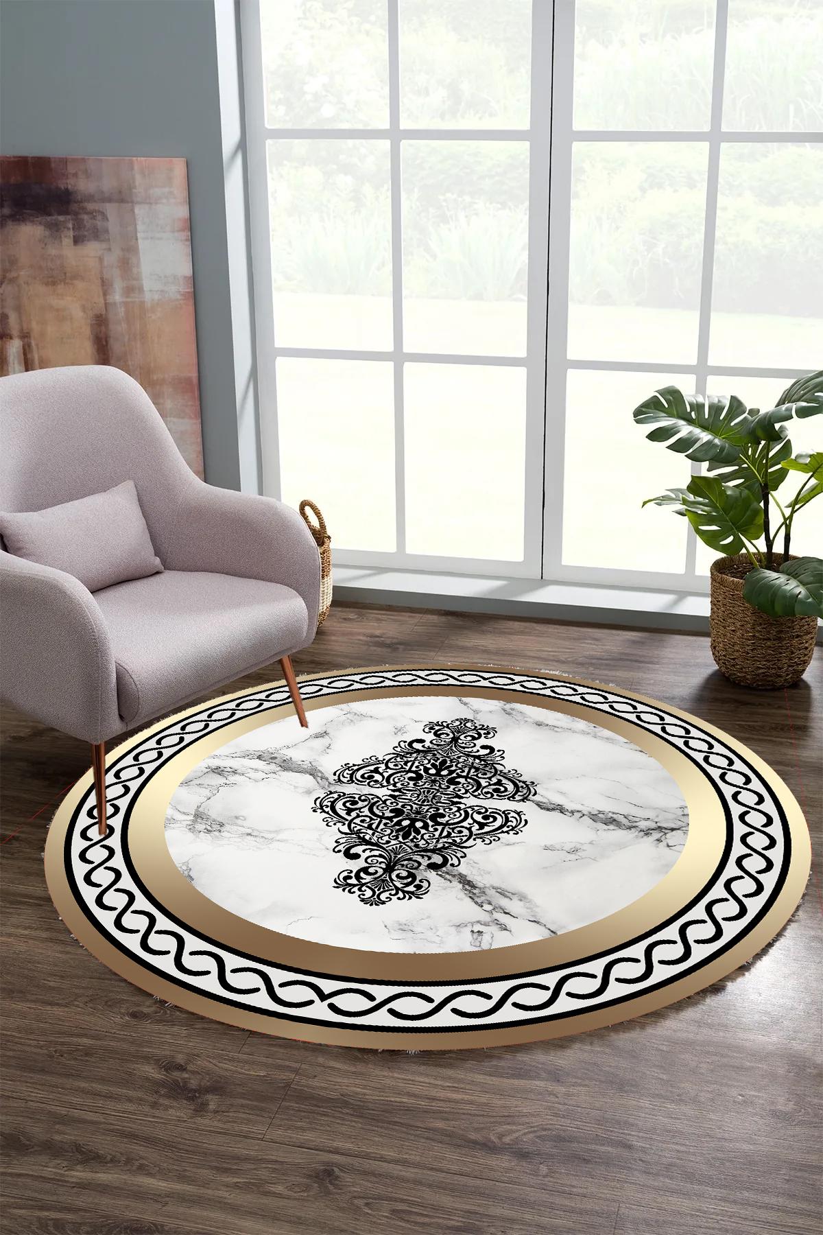 

YTRHOME Home Modern Y-T1261 Нескользящее точечное основание с цифровой печатью, круглый ковер для гостиной, кухни, прихожей и напольный коврик 60 x 60 чёрный/серый