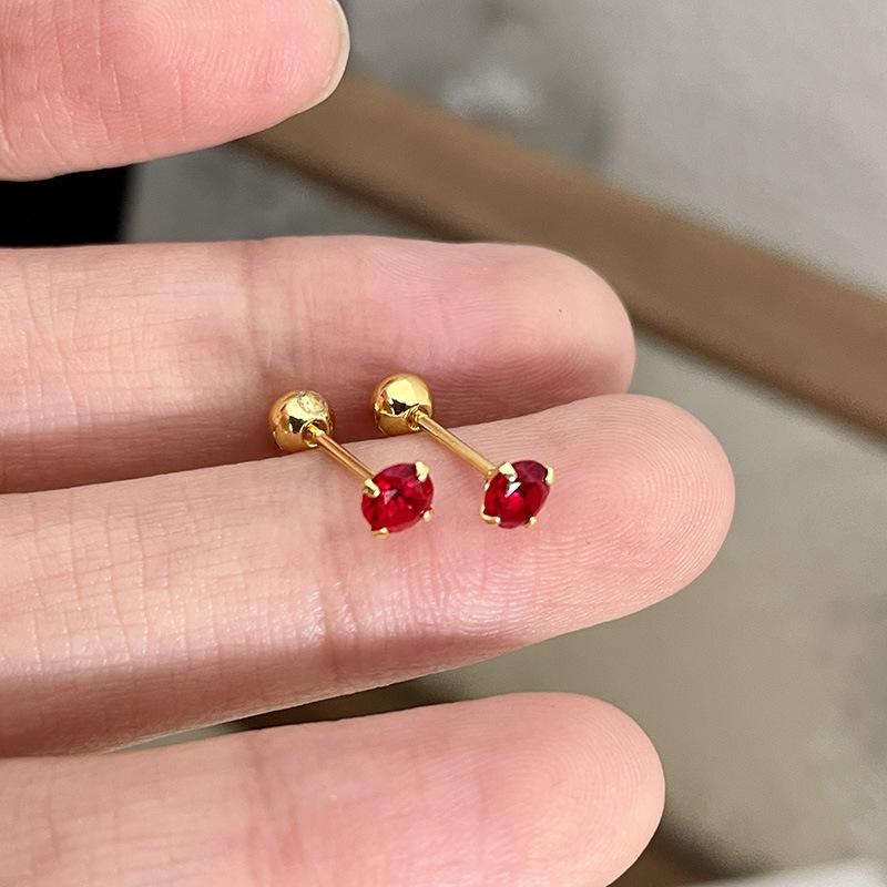 Classics Luxury Round Red Zircon Bead Stud Simple Earrings for Women Fashion Body Piercing Trend Jewelry Accessories Party Gifts
