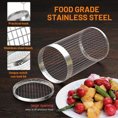 2 Pieces Rolling Grilling Baskets for Outdoor Grilling Stainless Steel Grill BBQ Net Tube Accessorie Set for Camping and Cooking
