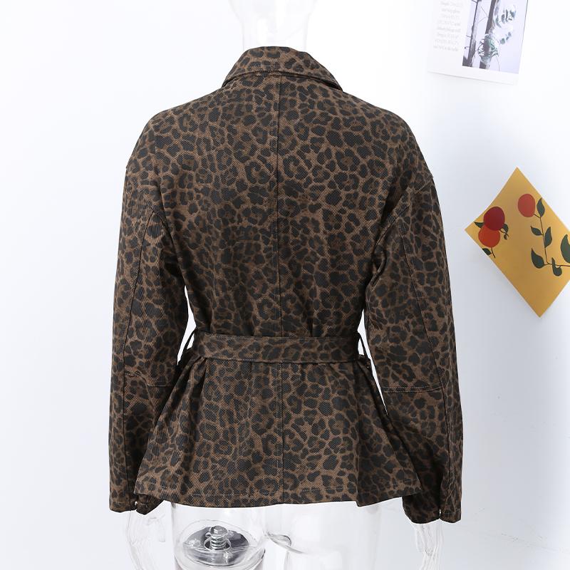 Vintage Damen Schnürjacke Leopardenmuster Kurzjacke Mode Slim Reverskragen mit Taschen Mantel Neu Herbst Damen Oberbekleidung