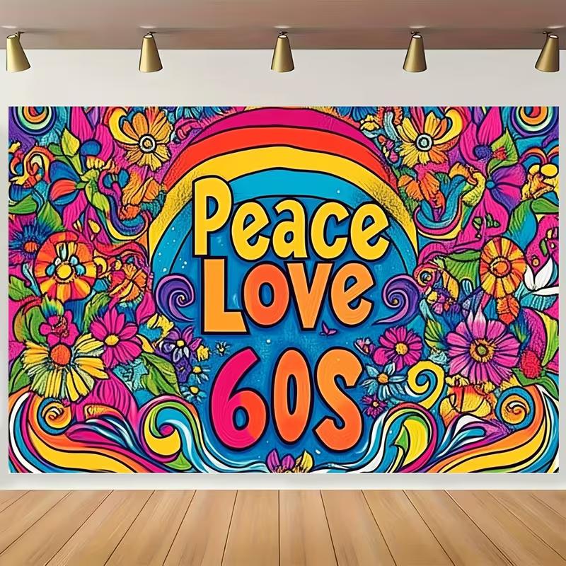 Fondo Hippie 2D "Paz Amor Años 60" con Flores Psicodélicas y Arcoíris