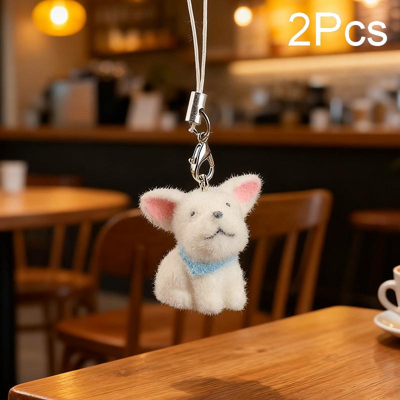 2Pcs Cute Flocking Resin Dog Keychains Bag Pendant Cartoon Animal Mobile Phone Lanyard Accessories Hanging Decoration