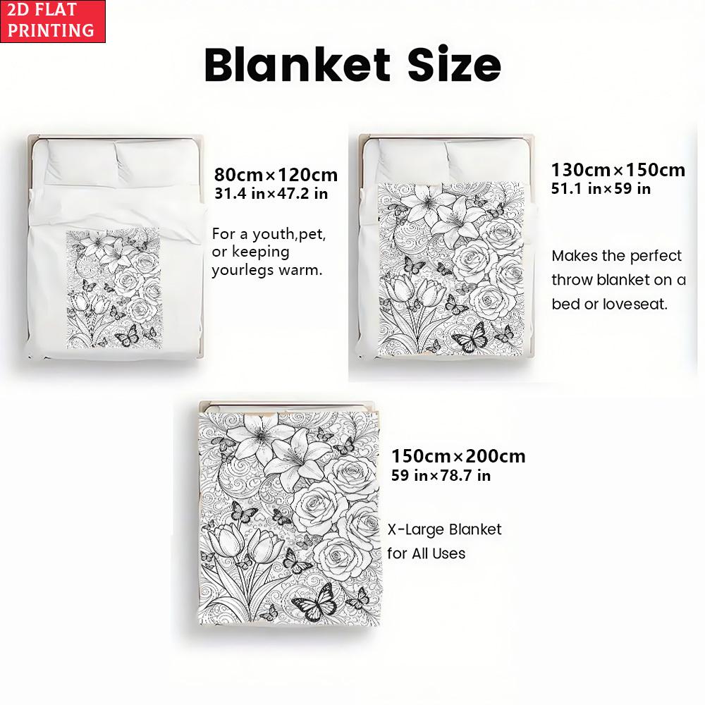 Blackout Floral Butterfly Sketch Pattern Throw Blanket for Couch Home Decor Gift