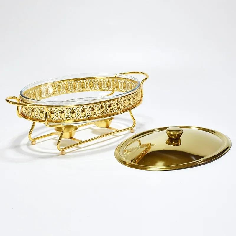 Food Warmer Buffet Luxury Golden Oval Hotel Wedding Chafing Dish Stainless Steel Glass Serving Dish Hot Pot Small Chafing Dish