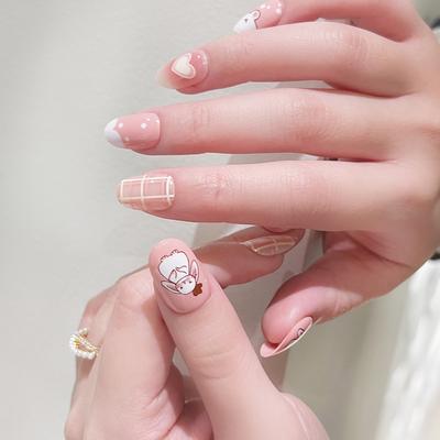 24Pcs/Set Quick Nails Cute Cartoon Rabbit False Nials Sticker Wearable Waterproof Manicure Finished Nails