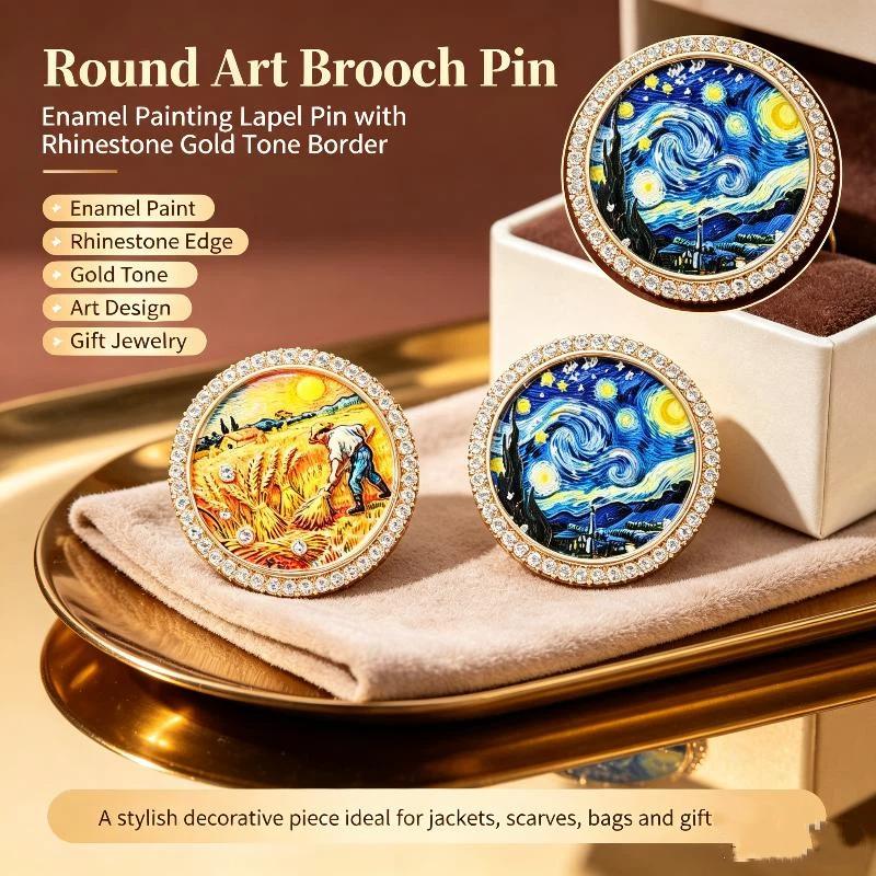 1Pcs Rhinestone Round Lapel Pin Famous Painting Brooches For Women The Starry Night And Farmer In Wheat Field Party Brooch Badge