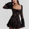 Elegantes rückenfreies langes Minikleid mit ausgestellten Ärmeln, bedruckt, Damenmode, quadratischer Ausschnitt, Netzfaltenkleider 2026, sexy Club-Party-Kleider