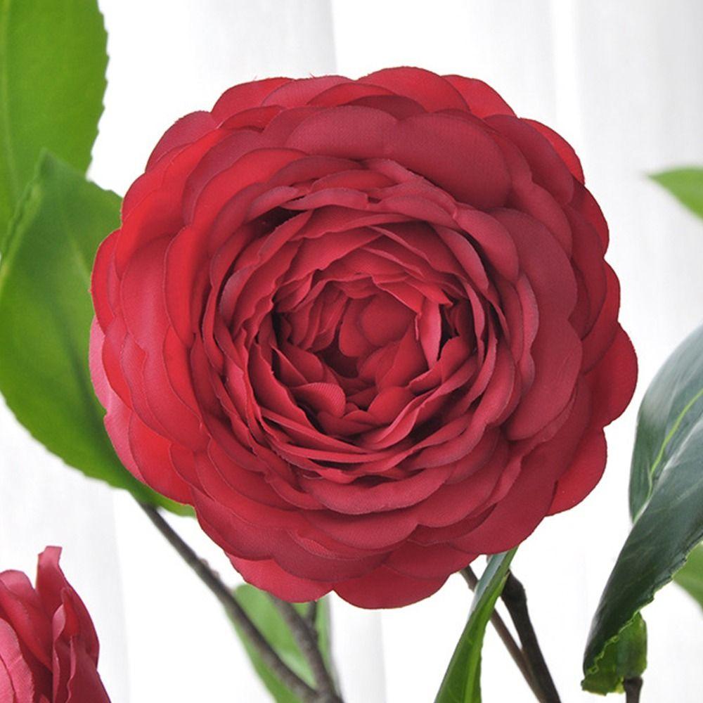 Multicolor Camellia Artificial Flower Silk Petal Photo Props Simulation Flower Green Leavees Floral Arrangement Wedding Supplies