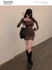 Rosa Quadratischer Ausschnitt Langarmkleid Damen Herbst Reines Verlangen Spice Girl Unterrock Enganliegend Taille Hüfte Wickel Kurzrock