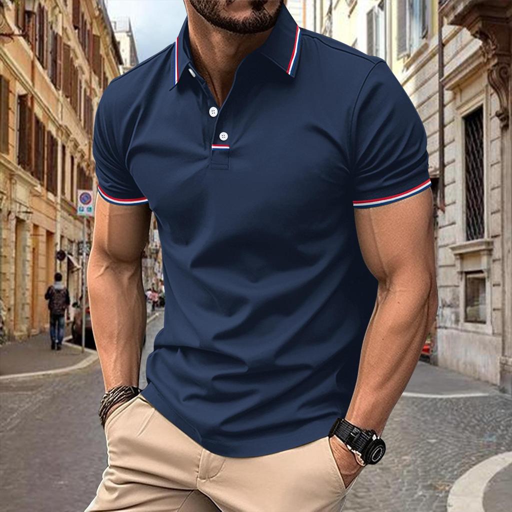 New Men's Casual POLO Shirt Lapel Collage Pull Stripes Button Business Solid Colour T-shirt Tops