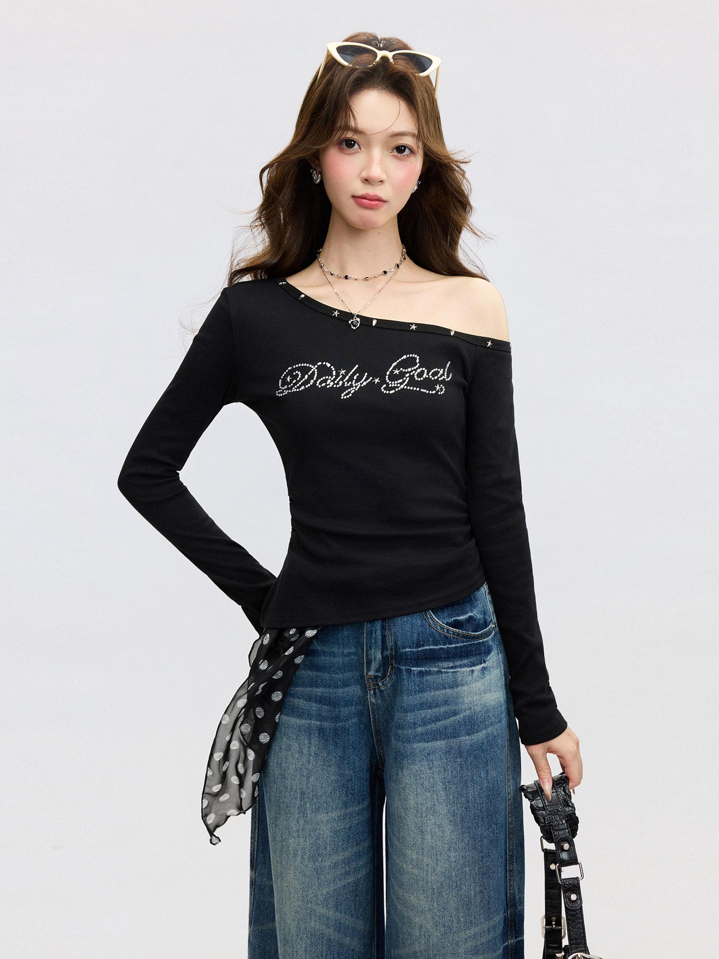 

Spice girl slanted shoulder off-the-shoulder rivets hot diamond long-sleeved T-shirt women s spring design pleated waist top S чёрный