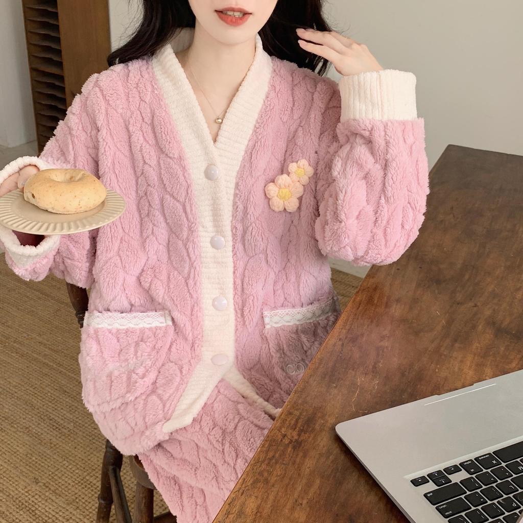 Winterpyjama aus Korallenfleece für Damen: Dickes, warmes Flanell-Loungewear-Set im süßen Stil