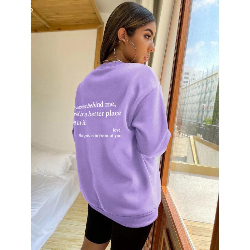 Women's Fleece-Lined Slogan Sweatshirt - Plain Color, Round Neck