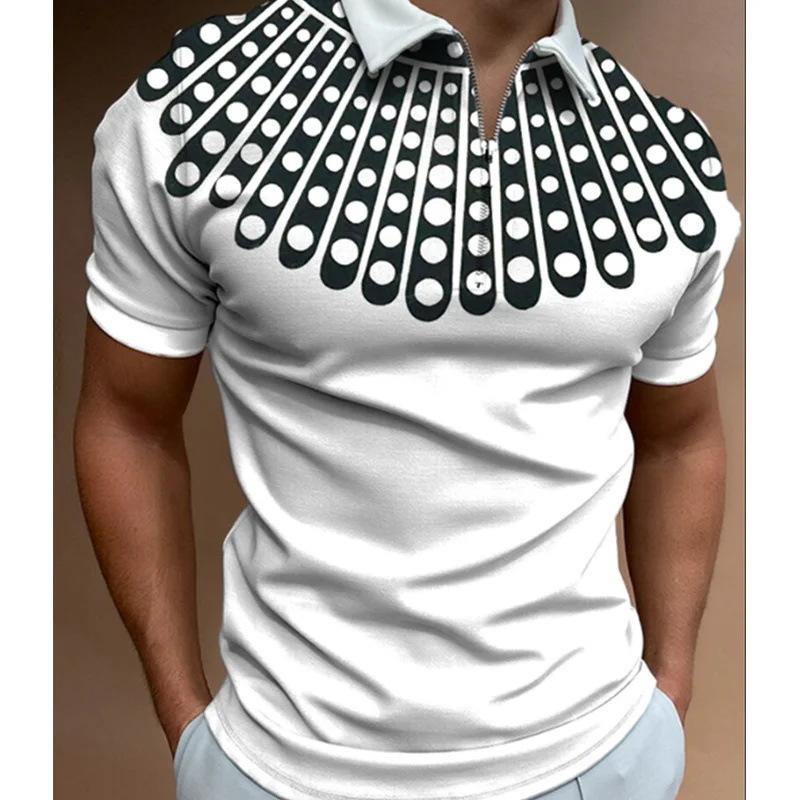 Trendy Half-zip Short-sleeve Geometric Pattern Polo Shirt, Great for Casual Wear.