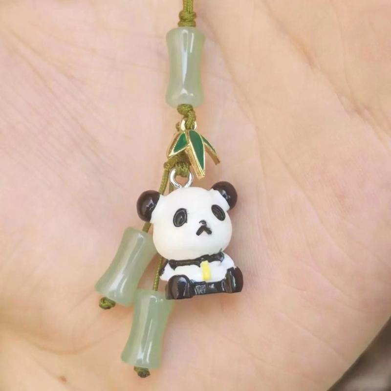 Stylish Cyan Pandas/Fan Phone Lanyard Trendy Han Costume Pendants Fashion Bamboo Joint Phone Charm Straps Ornaments