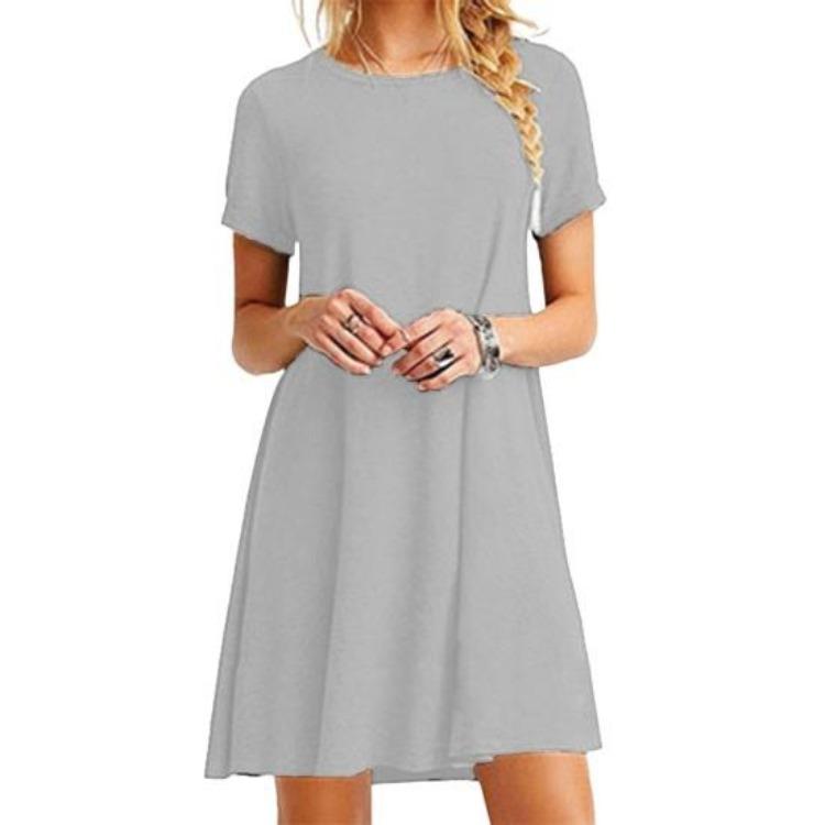 

Summer Mini Dress Short Sleeves A-Line Round Neck Party Beach Dress Simple Solid Color Above Knee Short Dating Casual S серый