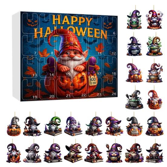 2025 Halloween Wichtel Adventskalender 2D Acryl Hängeornamente Set 24 Tage Countdown-Kalender für Feiertags-Heimdekoration