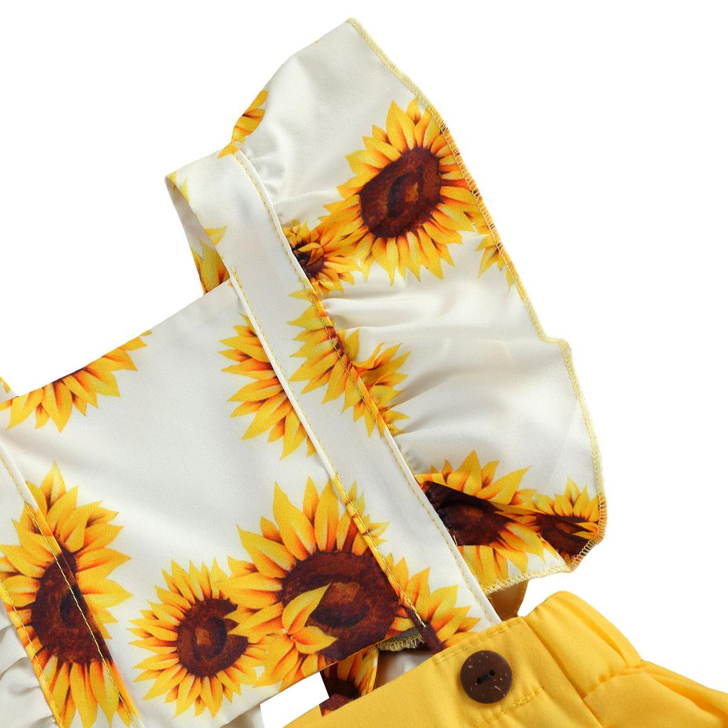 Kinder-Bodysuit mit Stirnband, Sonnenblumen-Print, quadratischer Kragen, Schlitzärmel, ausgehöhlter Strampler + Haarband, 0–24 Monate