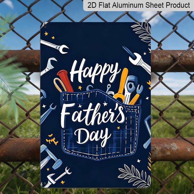 2D Flat, 1pc Denim Pocket Tools Father's Day Metal Wall Art Sign "Happy Father's Day" - 8*12 Inch Aluminium Rustic Garage Decor, Workshop Style Wall