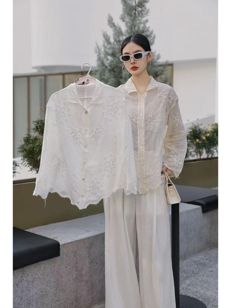 Korean Style Casual Embroidered Long Sleeve Shirt with Irregular Polo Collar