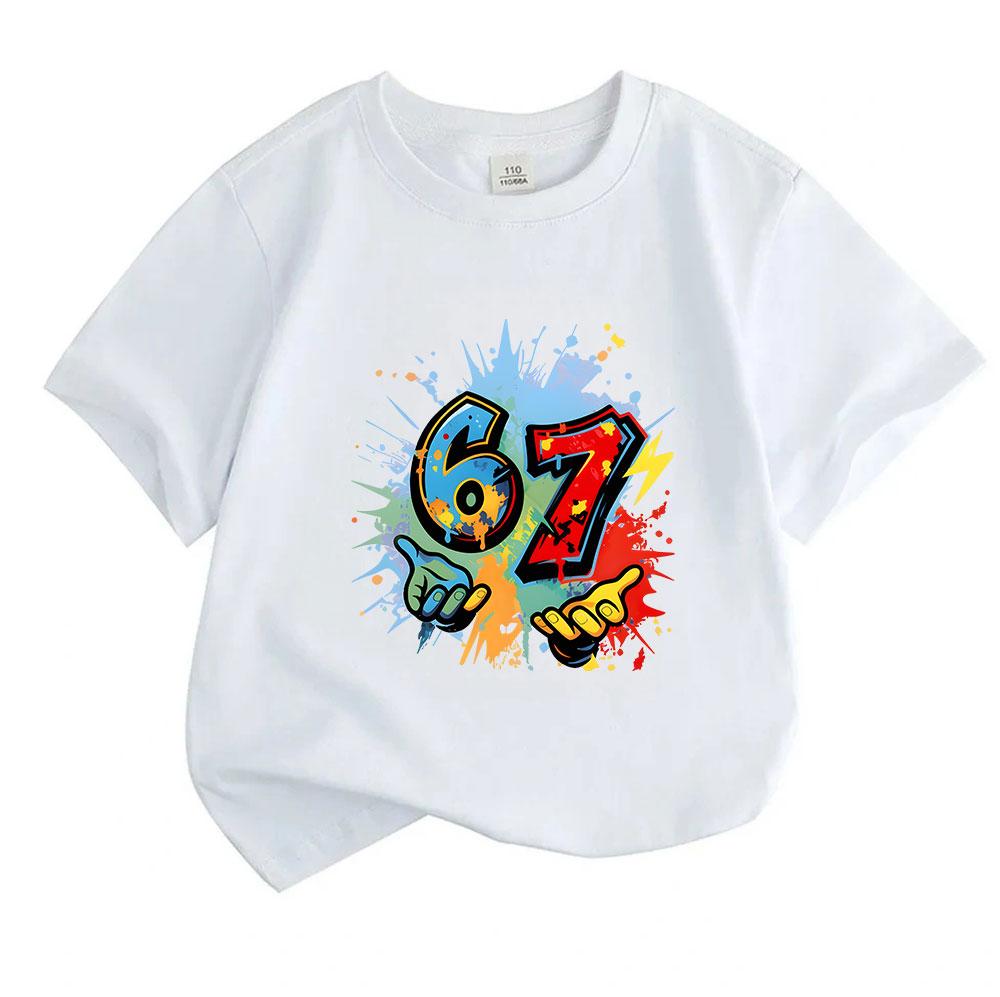 Kids Boys Girls 100% Cotton Crew Neck Short Sleeve T-Shirt, Casual Graffiti 67 Graphic Tee, Breathable Soft Summer Tops for Daily Wear School Holiday
